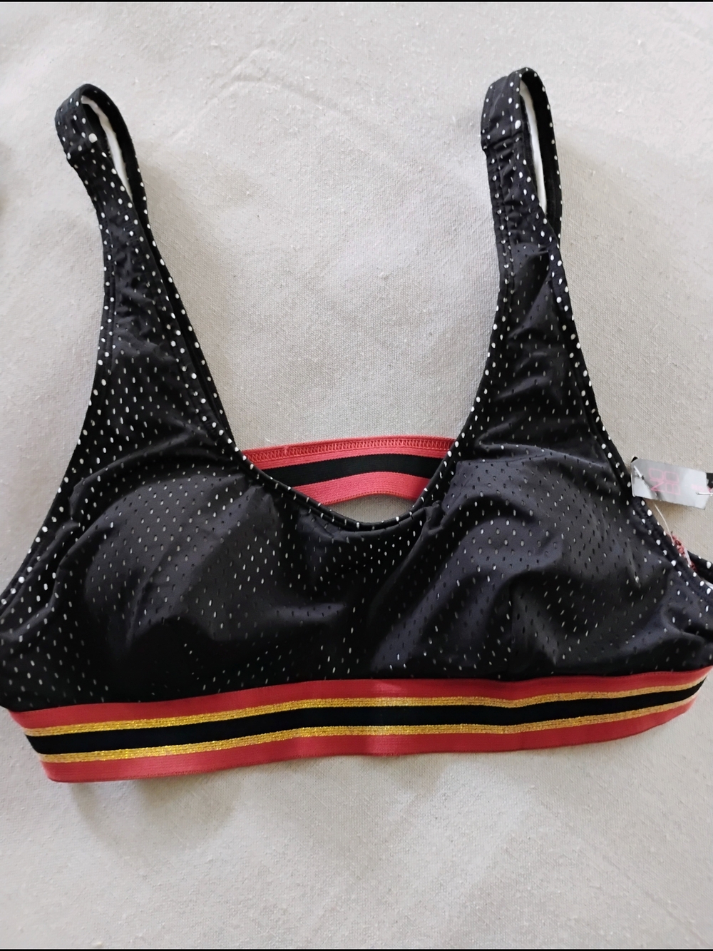 NO Boundaries Black Polka Dot Swim Sports Bra with Rust & Gold Striped Band...